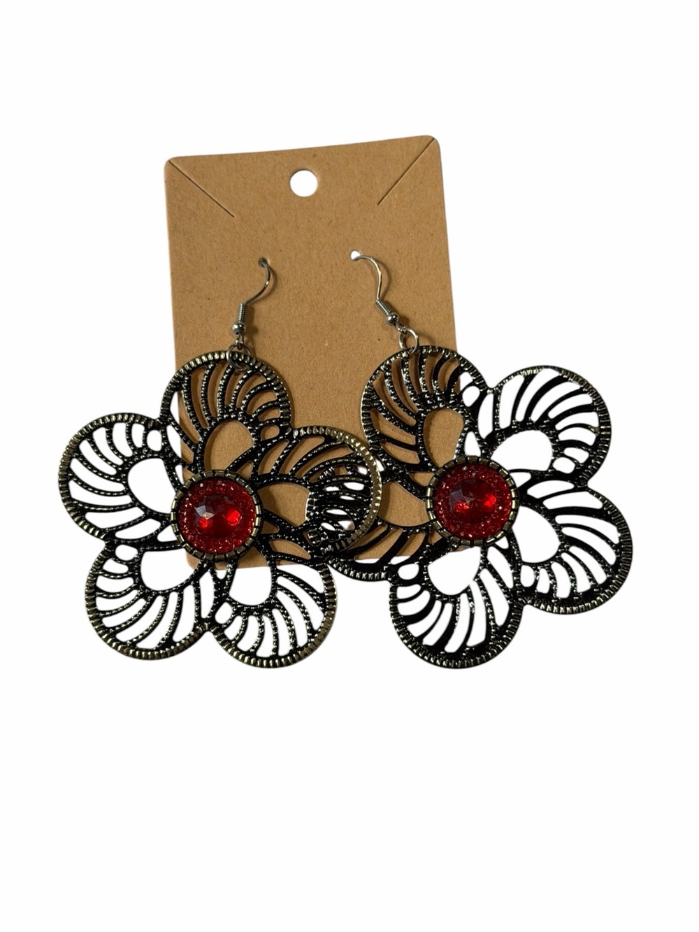 Floral Filigree Drop Earrings with Red Gem Center - Women Jewelry